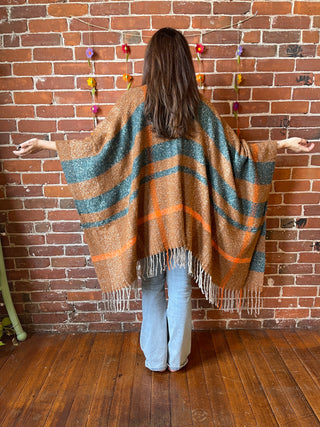 The Softest Farmers Market Fringe Poncho - Brown/Orange/Teal