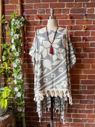 Gray Sky Fringe Hi Lo Poncho Tunic Top- 100% Cotton