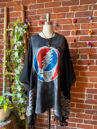 Grateful Dead Inspired Batik Stealie Embroidered Black Poncho