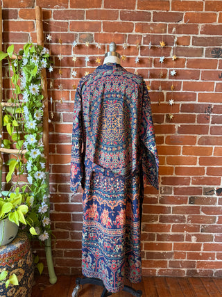 Blue Mandala Long Tapestry Robe Kimono w/ Pockets + Belt - Fair Trade Made