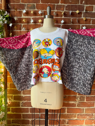 OOAK Autumn Collection- Upcycled Cropped Nickelodeon Kantha Poncho Tee