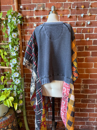 OOAK Winter Collection- Upcycled Pink Floyd Inspired Kantha Hi Lo Poncho Sweatshirt