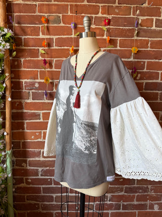 OOAK Summer Collection- Upcycled Pink Tour 2023 Inspired Eyelet Lace Bell Sleeve Tee - Size Large