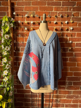 OOAK Winter Collection - Upcycled Kantha Peace Sign Patchwork Poncho Style Top 🌼