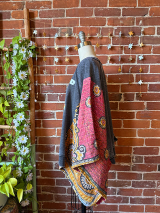OOAK Winter Collection- Upcycled Pink Floyd Inspired Kantha Poncho Sweatshirt