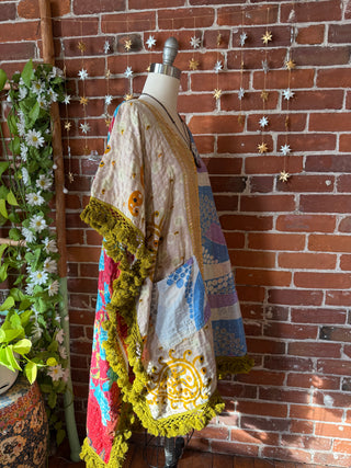 Sierra Dreams Upcycled Cotton Kantha Poncho Tunic Top with Pockets