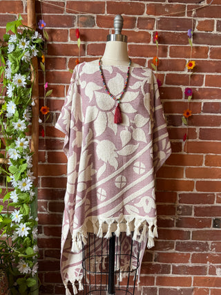 Pink Sky Fringe Hi Lo Poncho Tunic Top- 100% Cotton