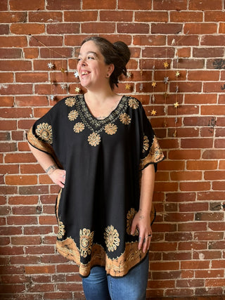 Artemis Batik Long Tunic Top - Black/Clay