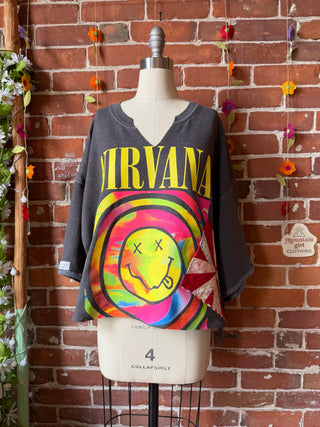 OOAK Summer Collection- Upcycled Patchwork Nirvana Hi Lo Sweatshirt