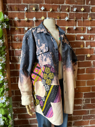 OOAK Autumn Collection - Unisex Size XL Upcycled Flower Patchwork Bleach Button Up Flannel