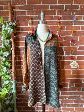 OOAK Autumn Collection- Size L/XL Upcycled Flowy Patchwork Guns N Roses Inspired Button Up Too