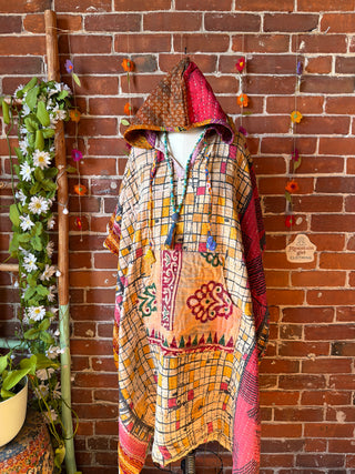 Sierra Dreams Reversible 100% Cotton Kantha Poncho Tunic Hoodie Beach Coverup - Fair Trade Made