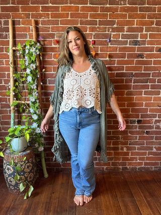 100% Cotton Gauze Boho Fringe Kimono Layer - Olive