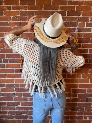 Fair Trade White/Gold Fern Hand Painted Artisanal Hat