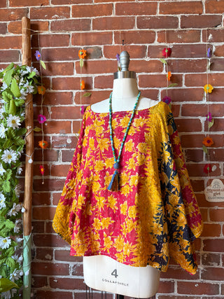 OOAK Spring Collection - Reversible Cosmic Drift Kantha Poncho Top - 2 Tops in 1