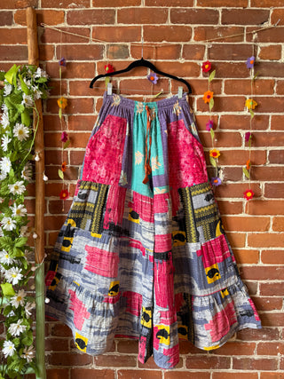 Spring Blooms Reversible Kantha Wide Leg Tiered Palazzo Pants