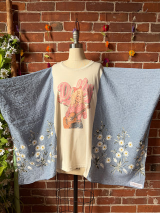 Daisy Dolly Parton Inspired Blue Embroidered Poncho
