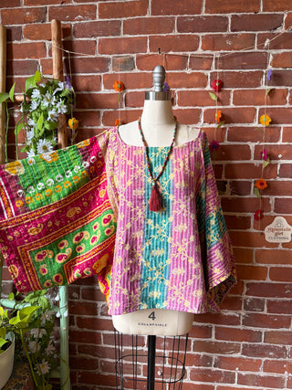 OOAK Spring Collection - Reversible Cosmic Drift Kantha Poncho Top - 2 Tops in 1!