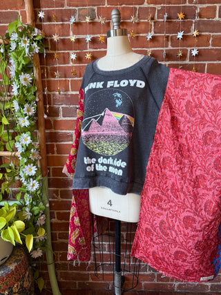OOAK Winter Collection- Upcycled Pink Floyd Inspired Kantha Hi Lo Poncho Sweatshirt