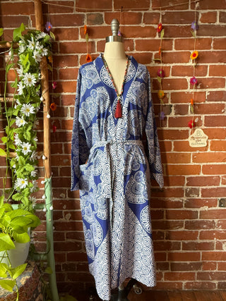 Blue Mandala Long Tapestry Robe Kimono w/ Pockets + Belt - Fair Trade Made