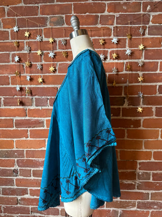 Hannah Embroidered Poncho Capelet Top - Stone Washed Teal