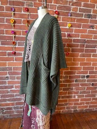 Moss Green Chunky Knit Soft Poncho With Pockets