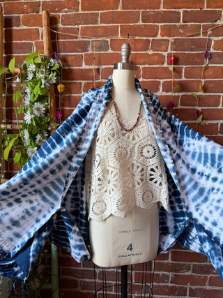 Indigo Sky Fringe Tie Dye Cocoon Shawl Coverup Kimono - 100% Cotton