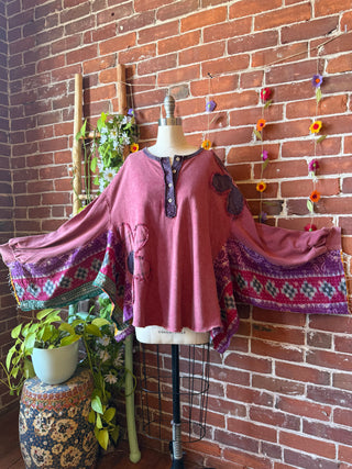 OOAK Spring Collection- Flower Patch Birdsong Kantha Wing Style Poncho Sweatshirt