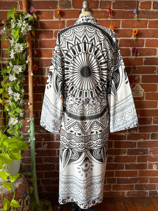 Black + Grey Mandala Long Tapestry Robe Kimono w/ Pockets + Belt - Fair Trade Made