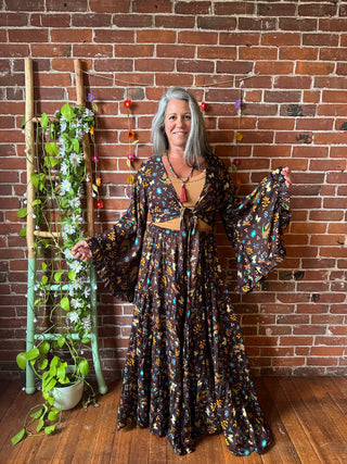 Brown Moon + Butterfly Celestial Cropped Bell Sleeve Wrap Top