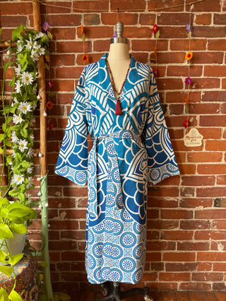 Bright Blue Mandala Long Tapestry Robe Kimono w/ Pockets + Belt - Fair Trade Made