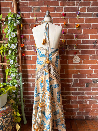 Size Small-Medium Blue Brown Meadow Mosaic 100% Cotton Halter Dress - Fair Trade Made
