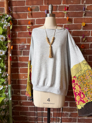 OOAK Summer Collection- Upcycled Off The Shoulder Soft Patchwork Bell Sleeve Tee - Size XL