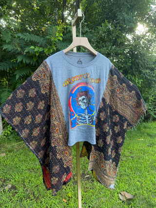 OOAK Summer Collection- Upcycled Grateful Dead Inspired Kantha Cropped Hi Lo Poncho Tee *imperfect!
