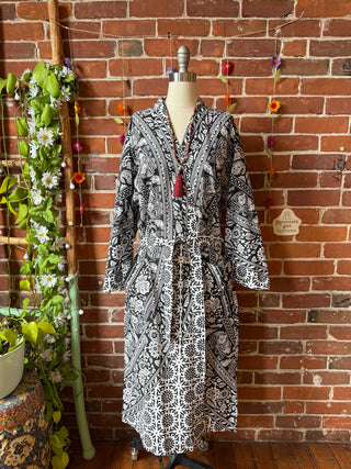 Black + White Elephant Mandala Long Tapestry Robe Kimono w/ Pockets + Belt - Fair Trade Made