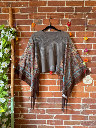 OOAK Autumn Collection- Upcycled Cropped AC/DC Paisley Fringe Poncho Tee