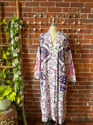 Purple Pink Mandala Long Tapestry Robe Kimono with Pockets and Belt