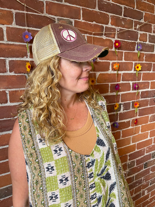 Boho Peace Patch Hat - Dusty Maroon