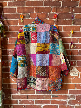 100% Silk Solstice Reversible Kantha Kimono Patchwork Jacket - Fair Trade Made