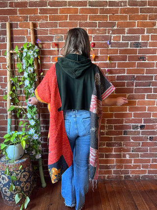 Upcycled Embroidered Butterfly Cropped Inspired Hi Lo Kantha Poncho Hoodie