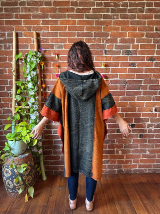 Juniper Patchwork Poncho Hoodie-Burnt Orange /Earth Tones