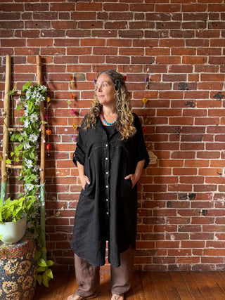 Nomad Linen Button Up Long Tunic / Dress Layer with Pockets- Made in Italy