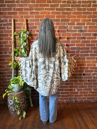 Gray Sky Fringe Cocoon Shawl Kimono - 100% Cotton