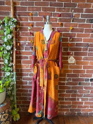 Summer Dreams 100% Sari Silk Robe Kimono w/ Pockets + Belt - Fair Trade Made