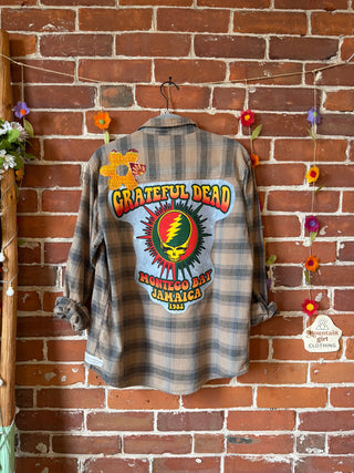 OOAK Autumn Collection- Unisex Size M Upcycled Grateful Dead Inspired Button Up Plaid Flannel Top