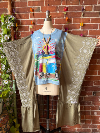 Batik Hippie Bus Tie Dye Sage Embroidered Hi Lo Poncho Top