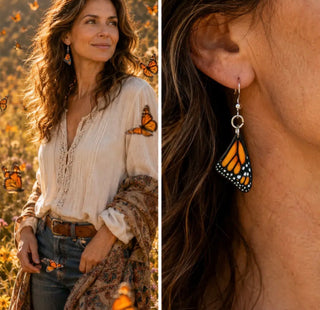 Wooden Monarch Butterfly Wing Earrings- Made in The USA- Final Sale