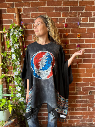 Grateful Dead Inspired Batik Stealie Embroidered Black Poncho