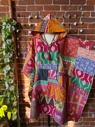Sierra Dreams Patchwork Upcycled Cotton Kantha Poncho Tunic Hoodie