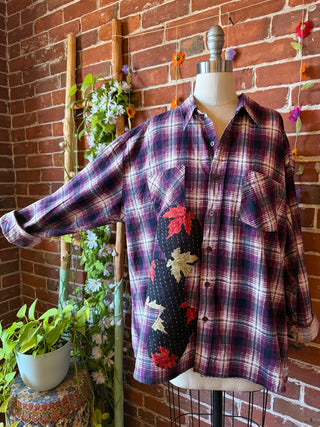 OOAK Autumn Collection- Unisex Size Upcycled Kantha Detail Button Up Plaid Wild Daisies